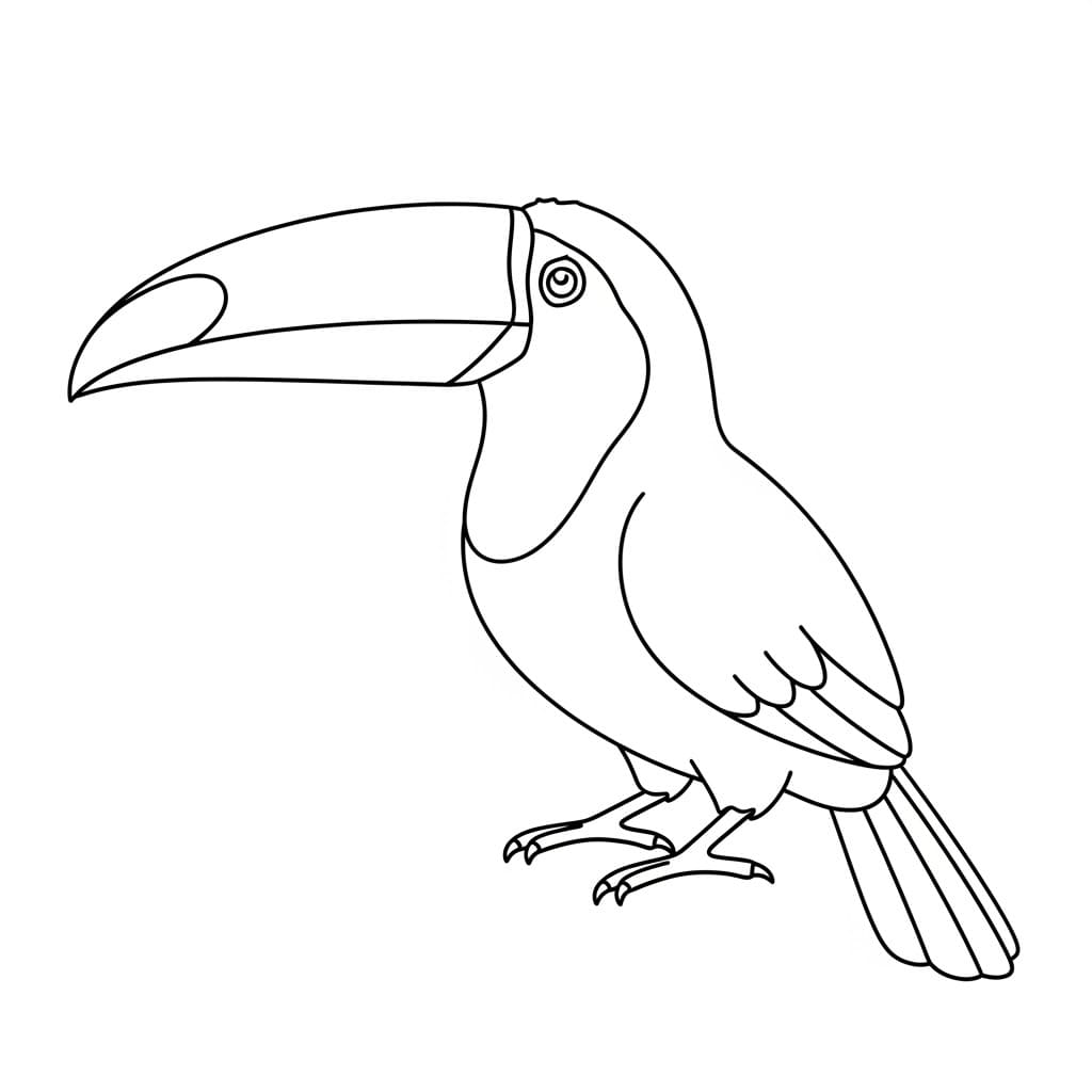 Desenho de um tucano em preto e branco, ideal para colorir, mostrando a beleza da ave tropical exótica.