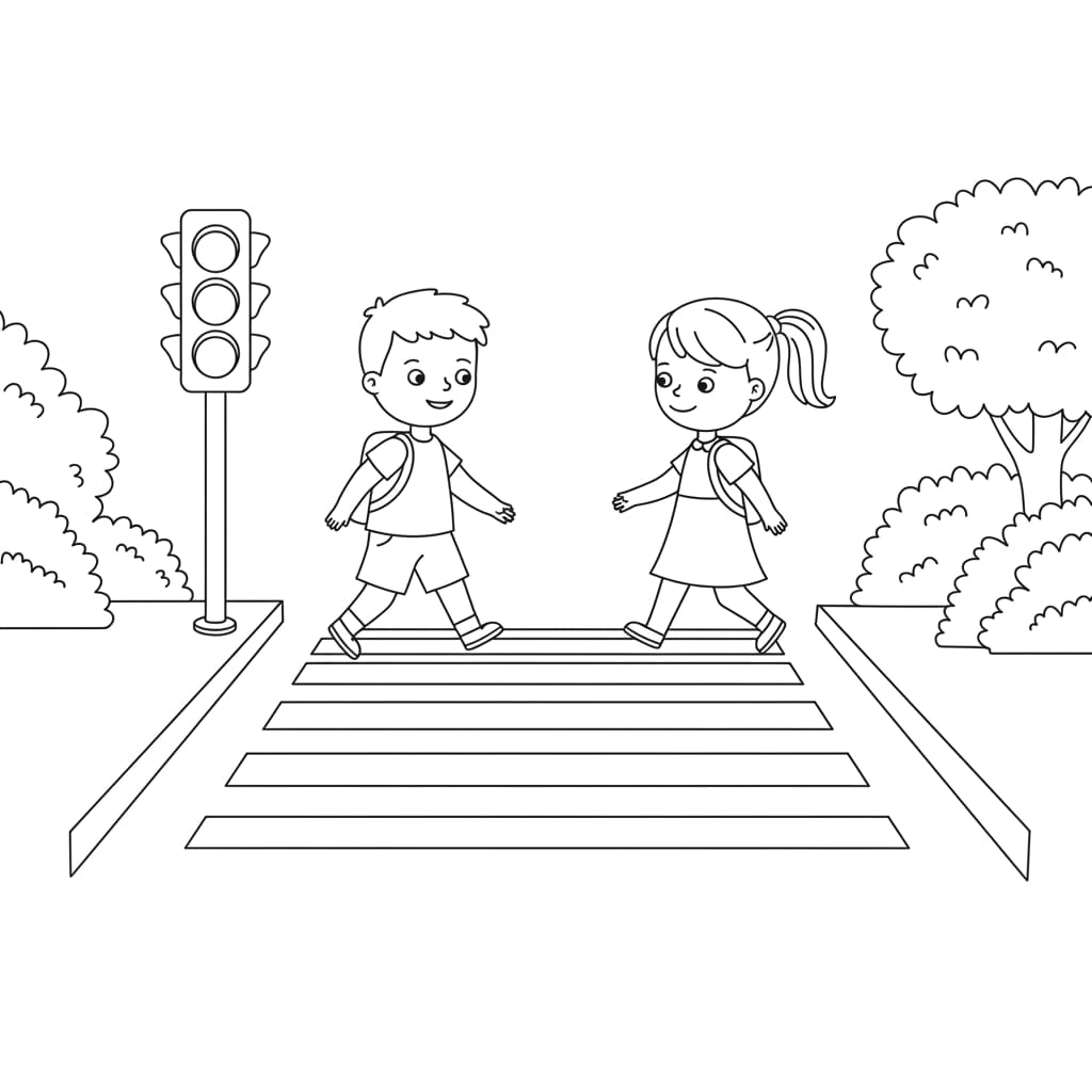 Desenho de duas crianças atravessando a faixa de pedestre com semáforo, ideal para colorir e aprender sobre segurança no trânsito.