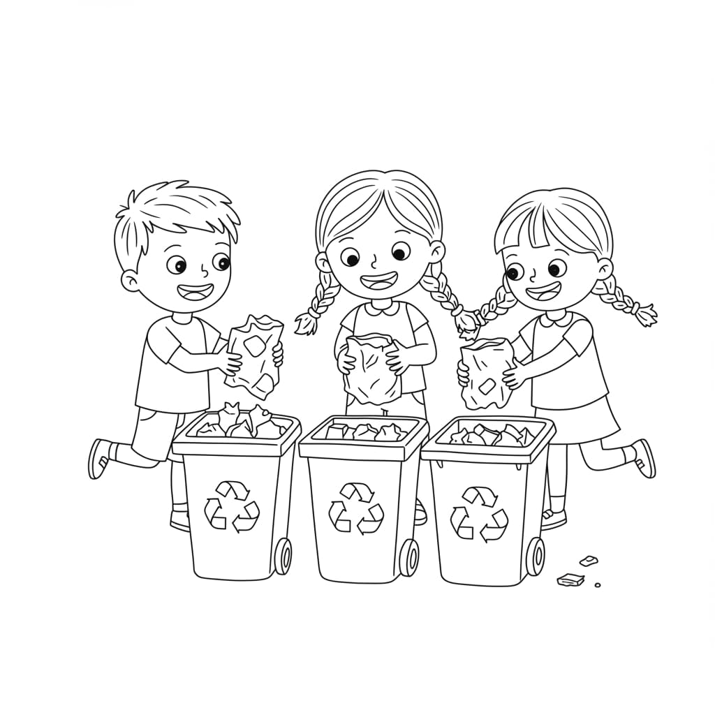 Desenho de três crianças sorrindo enquanto jogam lixo reciclável em lixeiras com o símbolo da reciclagem.