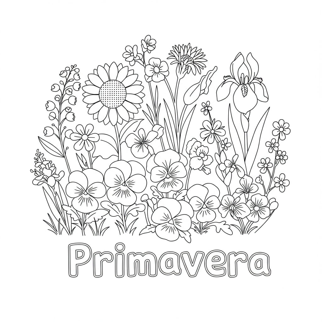 Desenho infantil para colorir com diversas flores da primavera.