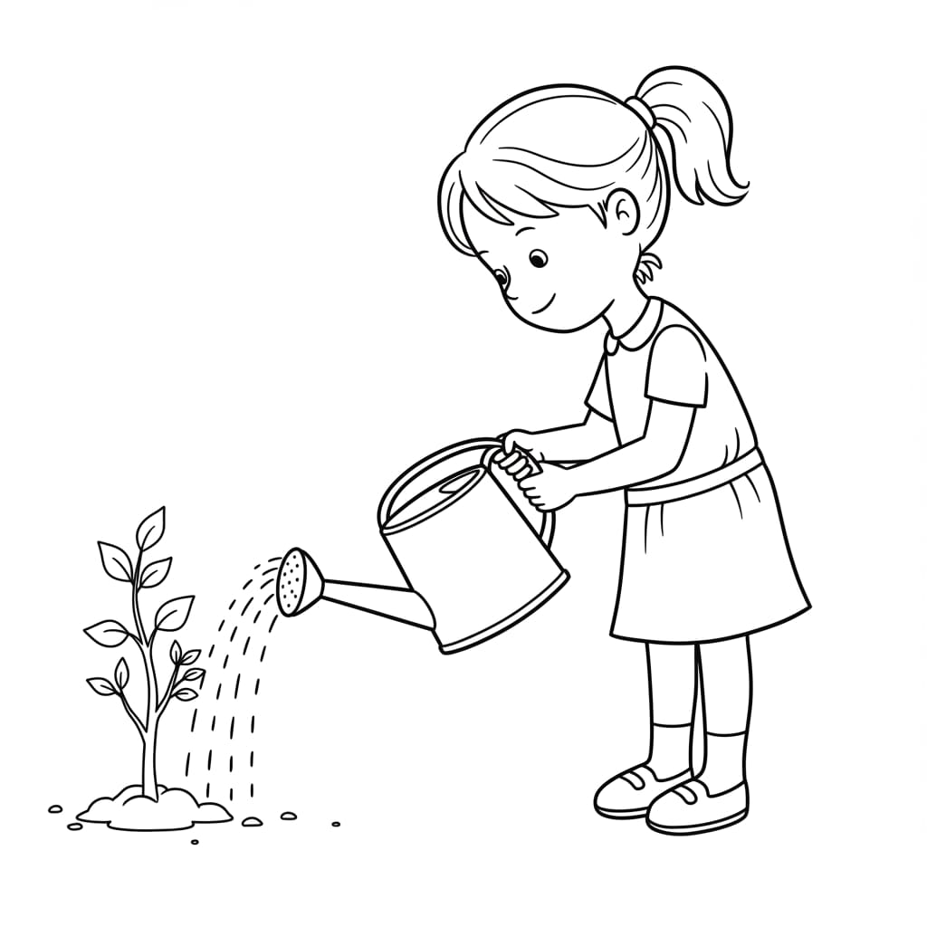 Desenho de uma menina regando uma pequena planta com um regador, ideal para atividades educativas de colorir.