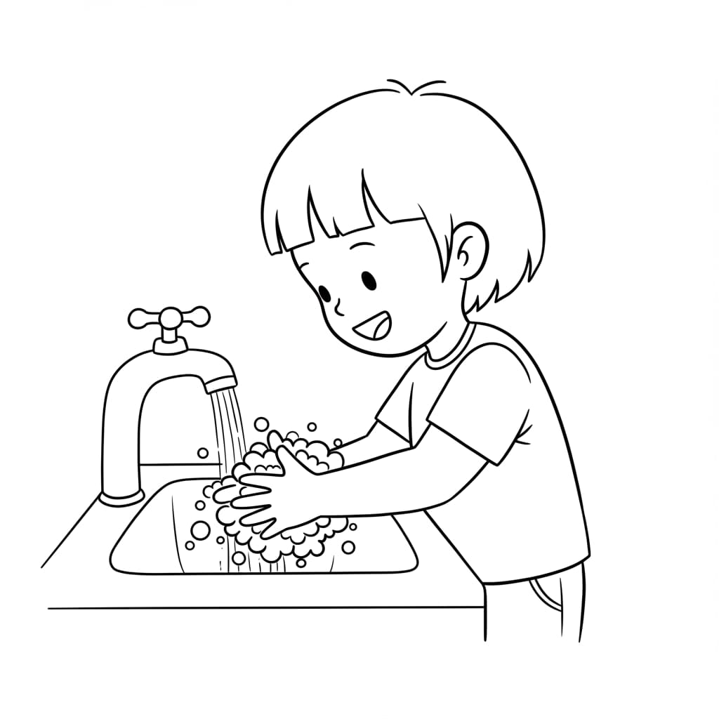 Desenho de um menino lavando as mãos com água e sabão na pia.