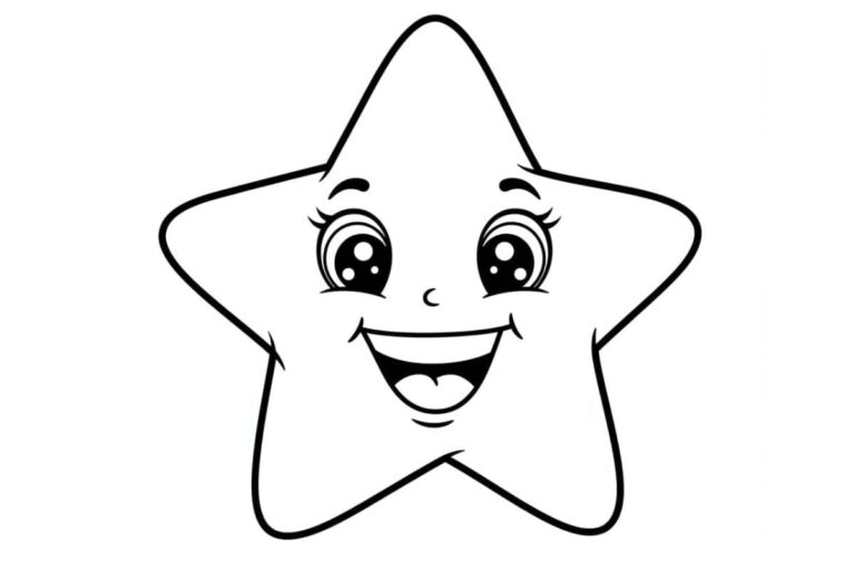 Desenho de uma estrela sorrindo com olhos grandes, pronta para colorir.