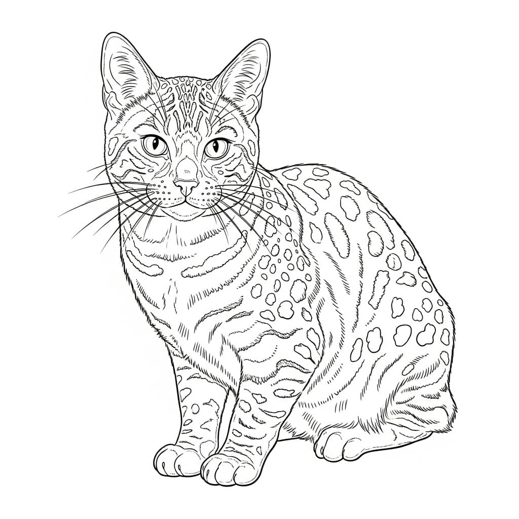 Desenho de um gato exótico com pelagem manchada, em estilo realista e pronto para colorir.