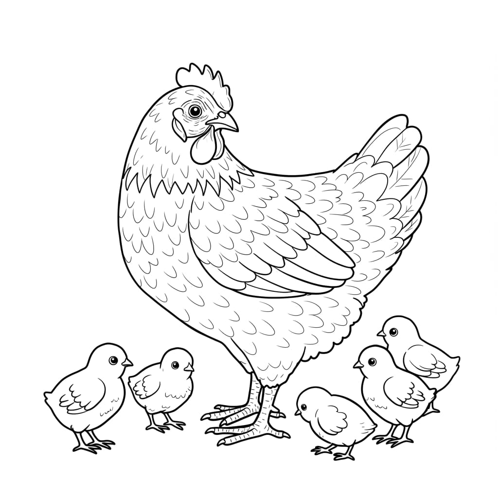 Desenho de uma galinha adulta com seus pintinhos, pronto para colorir.