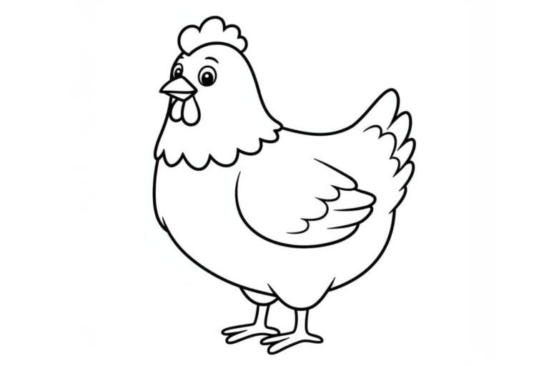 Desenho simples de uma galinha para colorir, com contornos pretos.
