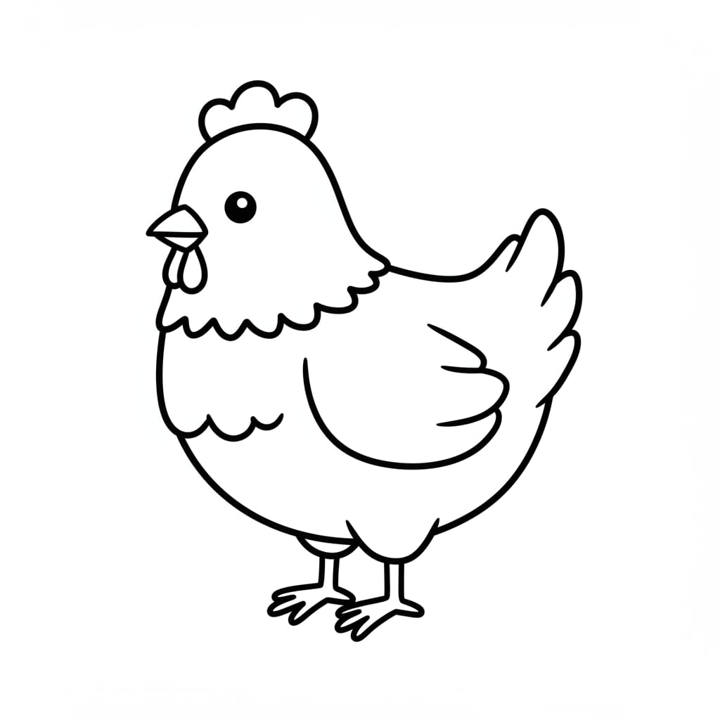 Desenho de uma galinha de contorno simples, ideal para atividades de colorir infantil.