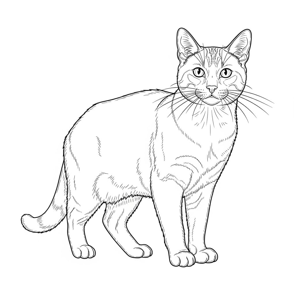 Ilustração de um gato realista em pé, em preto e branco, ideal para colorir.