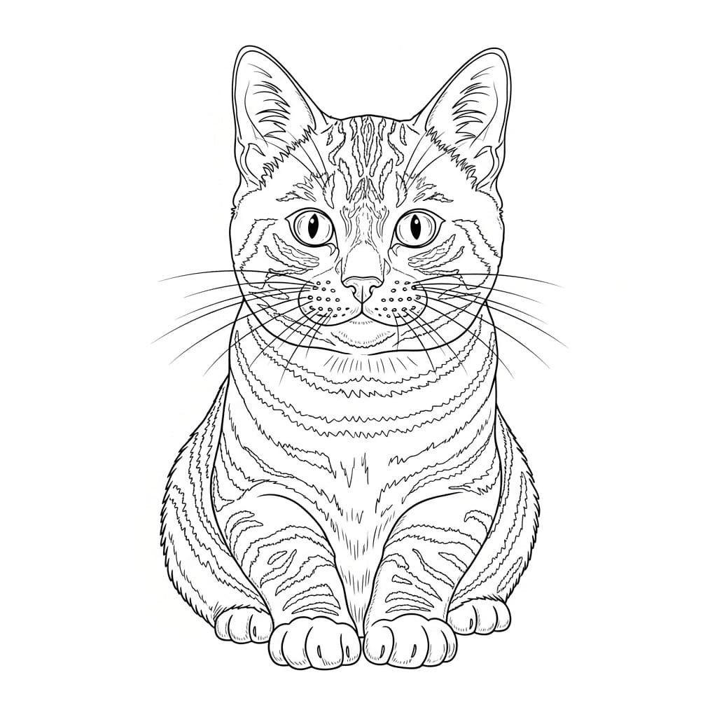 Desenho de um gato listrado realista, pronto para colorir.