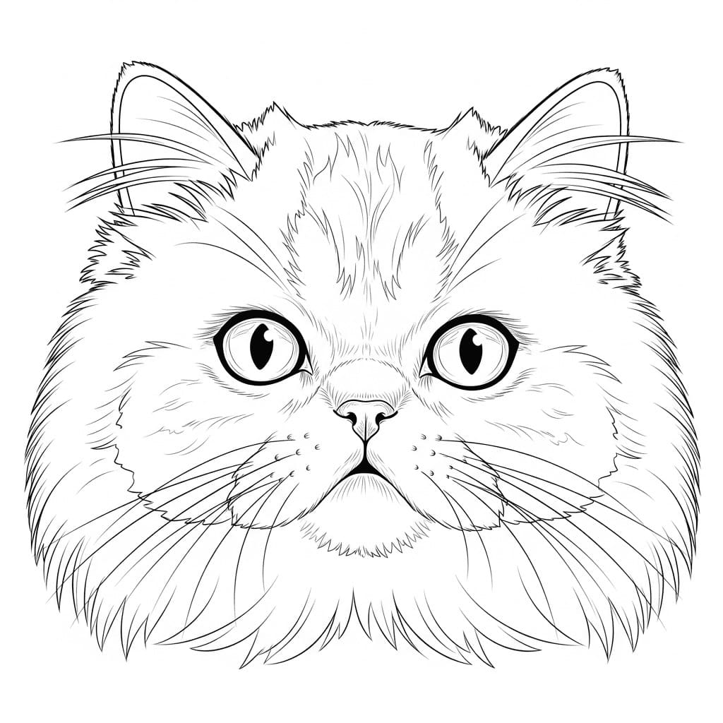 Desenho vetorial em preto e branco da face de um gato persa com olhar fixo e expressivo.