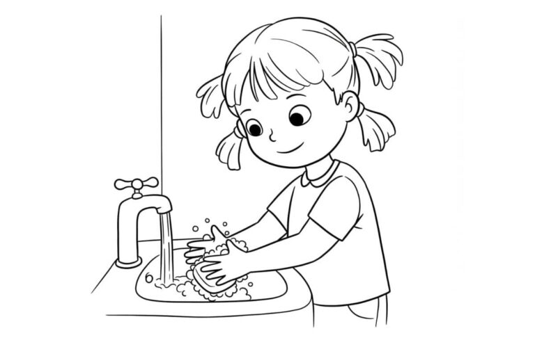 Desenho infantil para colorir de uma menina lavando as mãos com água e sabão na pia.