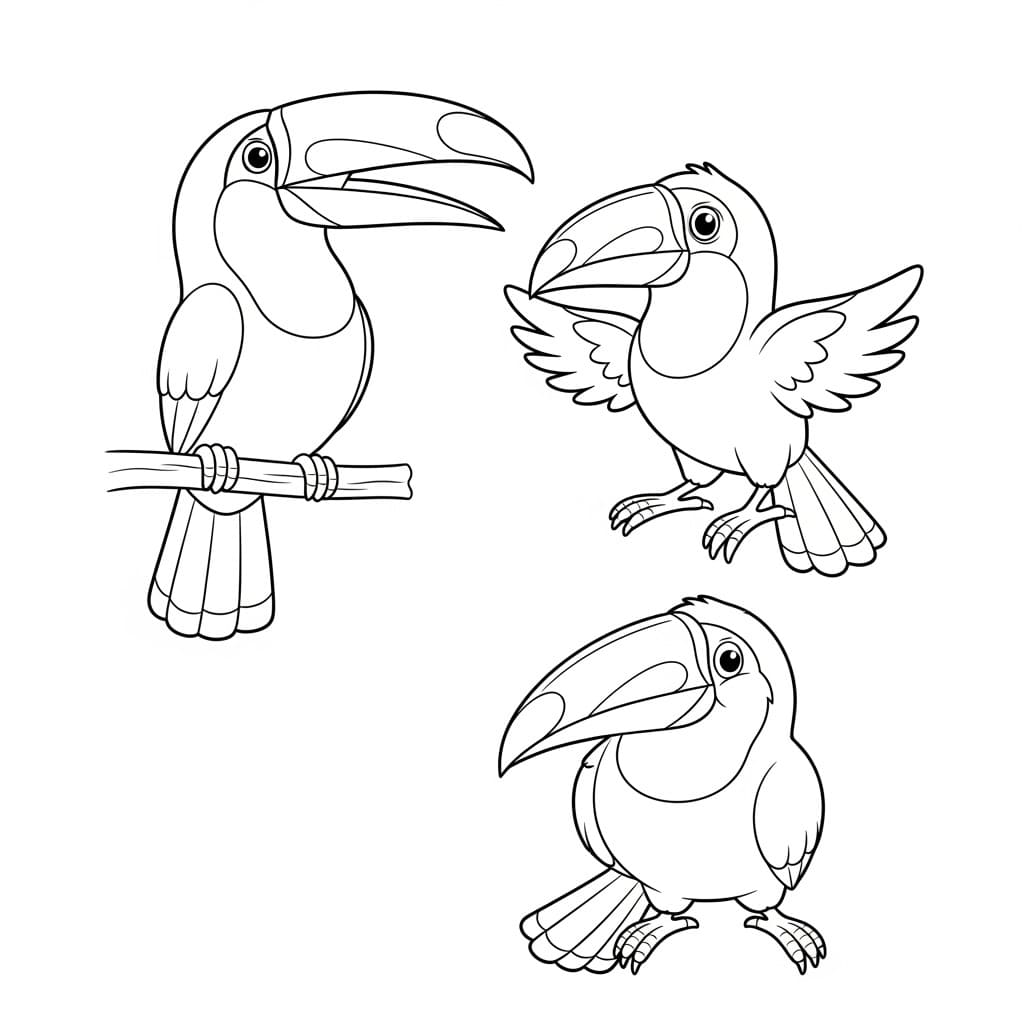 Desenho de três tucanos em diferentes poses, ideal para colorir.