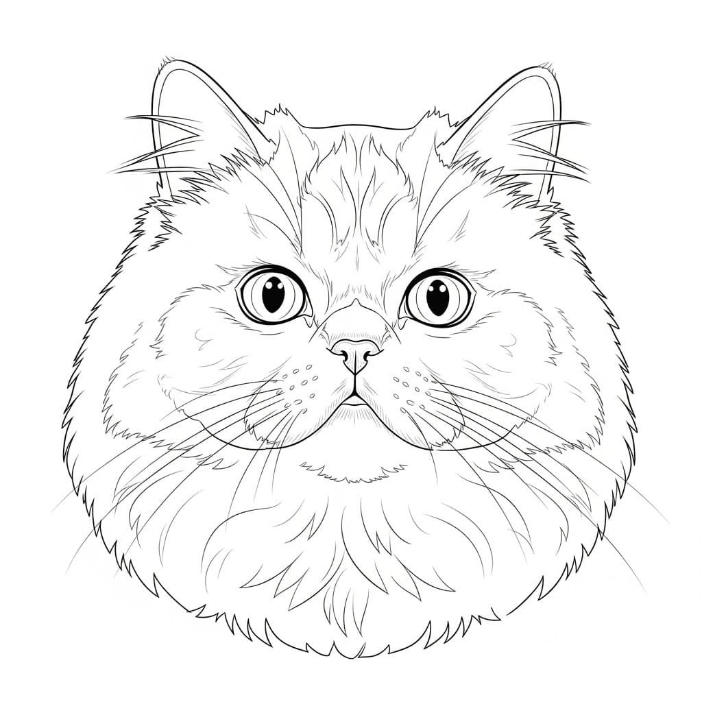 Desenho realista para colorir da face de um gato persa com pelagem longa e olhar atento.