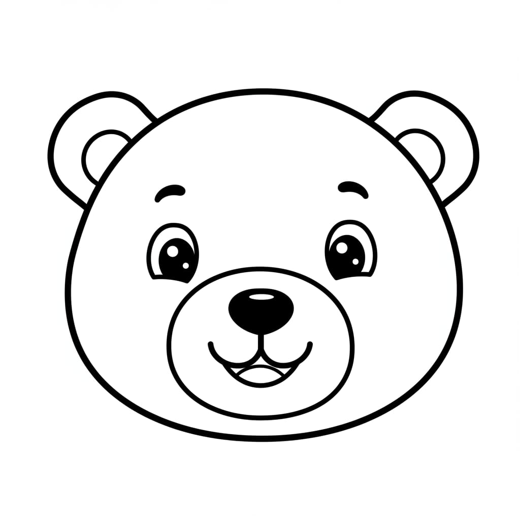 Desenho de rosto de urso amigável em preto e branco, pronto para colorir.