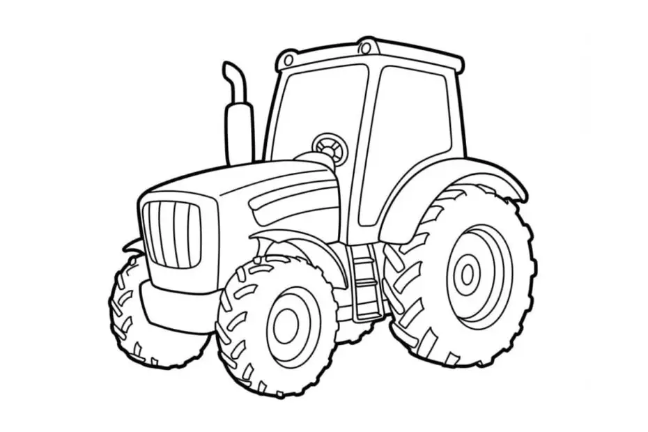 Desenho de um trator grande com traços pretos, pronto para ser colorido.