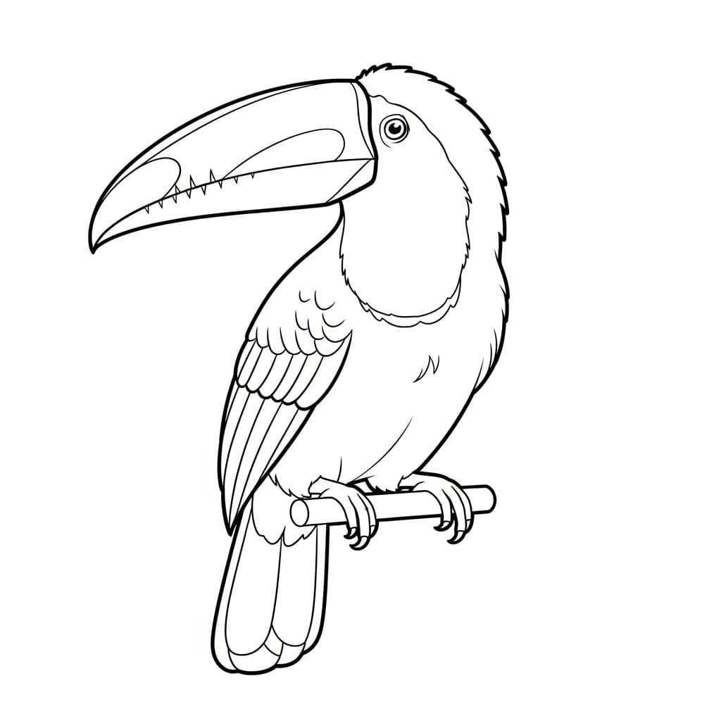 Desenho de um tucano em um galho, pronto para colorir.