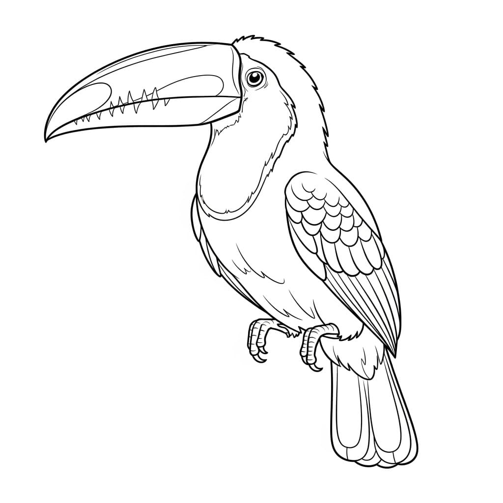 Desenho de um tucano tropical em preto e branco, ideal para colorir.