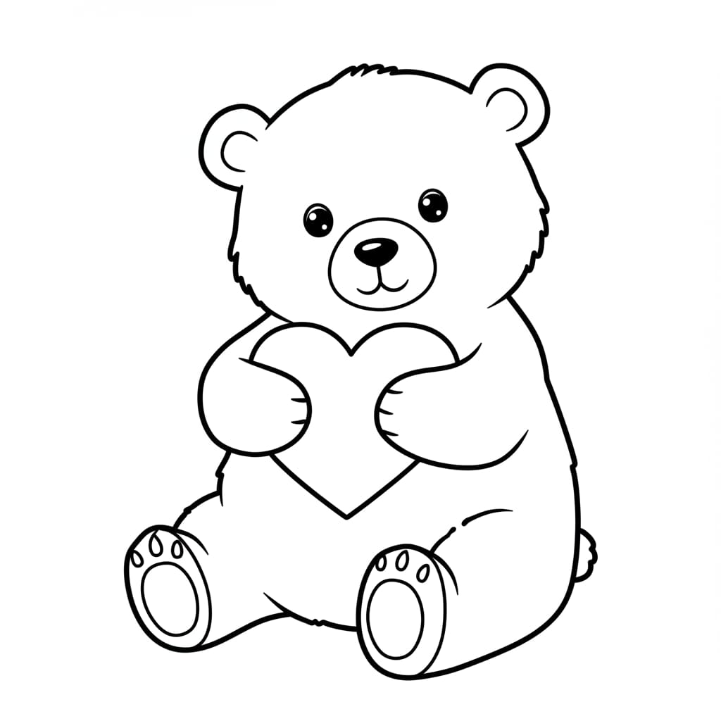 Desenho de um urso fofo segurando um coração, ideal para colorir.