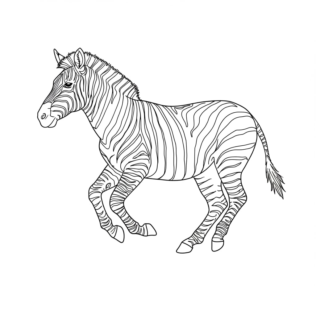 Desenho de uma zebra correndo, em preto e branco, ideal para colorir.