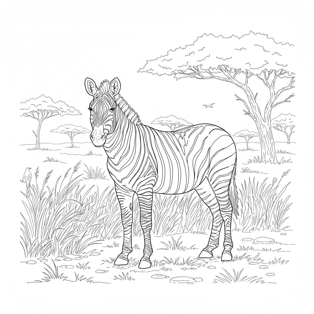 Desenho de uma zebra em pé na savana africana, pronto para colorir.